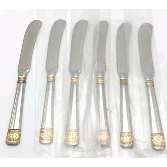 Gorham Festive Holly Gold Accent 6pc Spreader Knife Set 18/10 Stainless Flatware - Picture 1 of 3